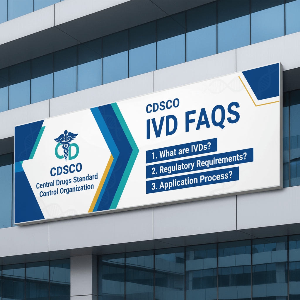Billboard for CDSCO IVD FAQS featuring Central Drugs Standard Control Organization logo and topics: 1. What are IVDs? 2. Regulatory Requirements? 3. Application Process?